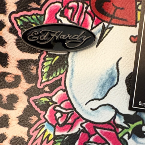 Ed Hardy Leopard Floral Skull Floral Tote Bag Hearts Butterflies New - Picture 4 of 11